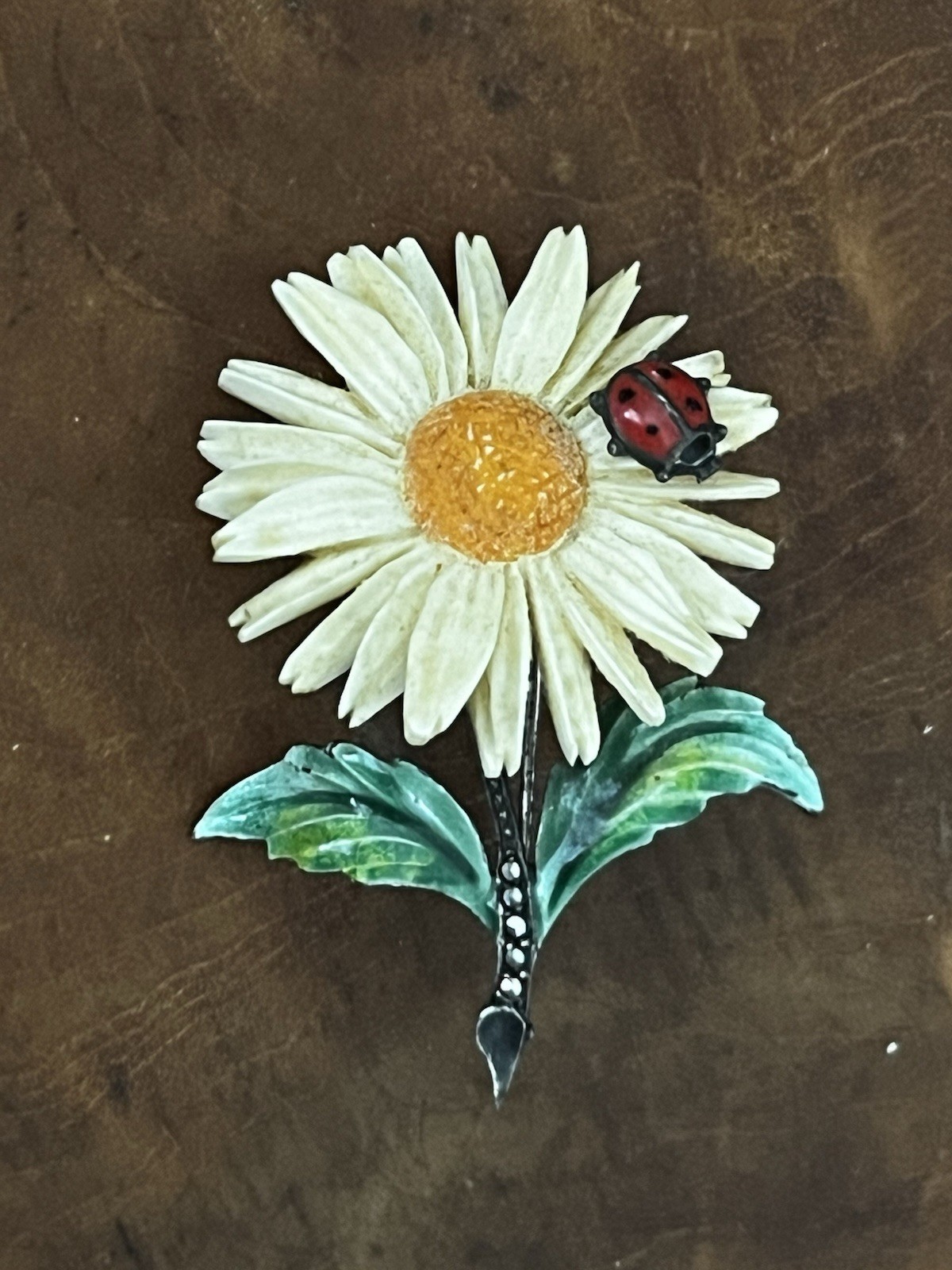 Signed Enamel Daisy Flower Ladybug Brooch Pin White Yellow Green Red 3 in