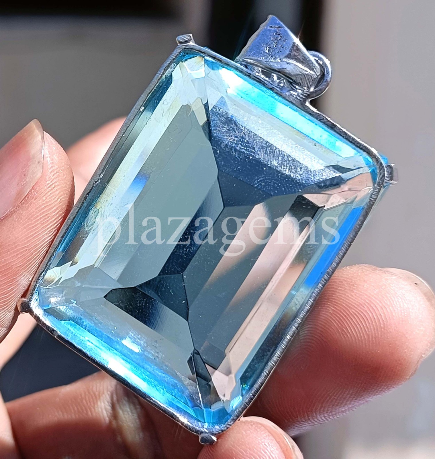 240 Ct Natural Sky-Blue Aquamarine Emerald Cut EGL Pendant 925 Silver Chain 6MGU