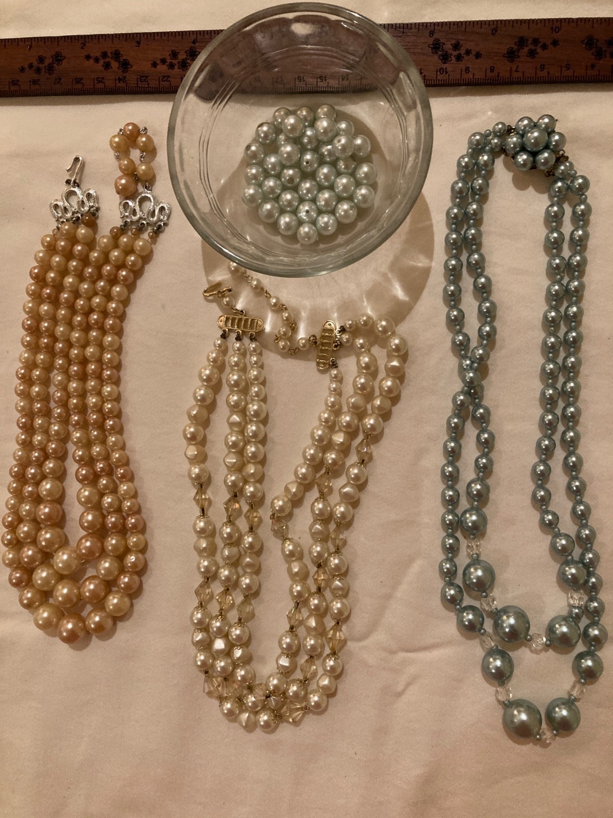 Vintage faux pearl necklaces, pale blue, peach, off-white 2and 3 strand pkg XX