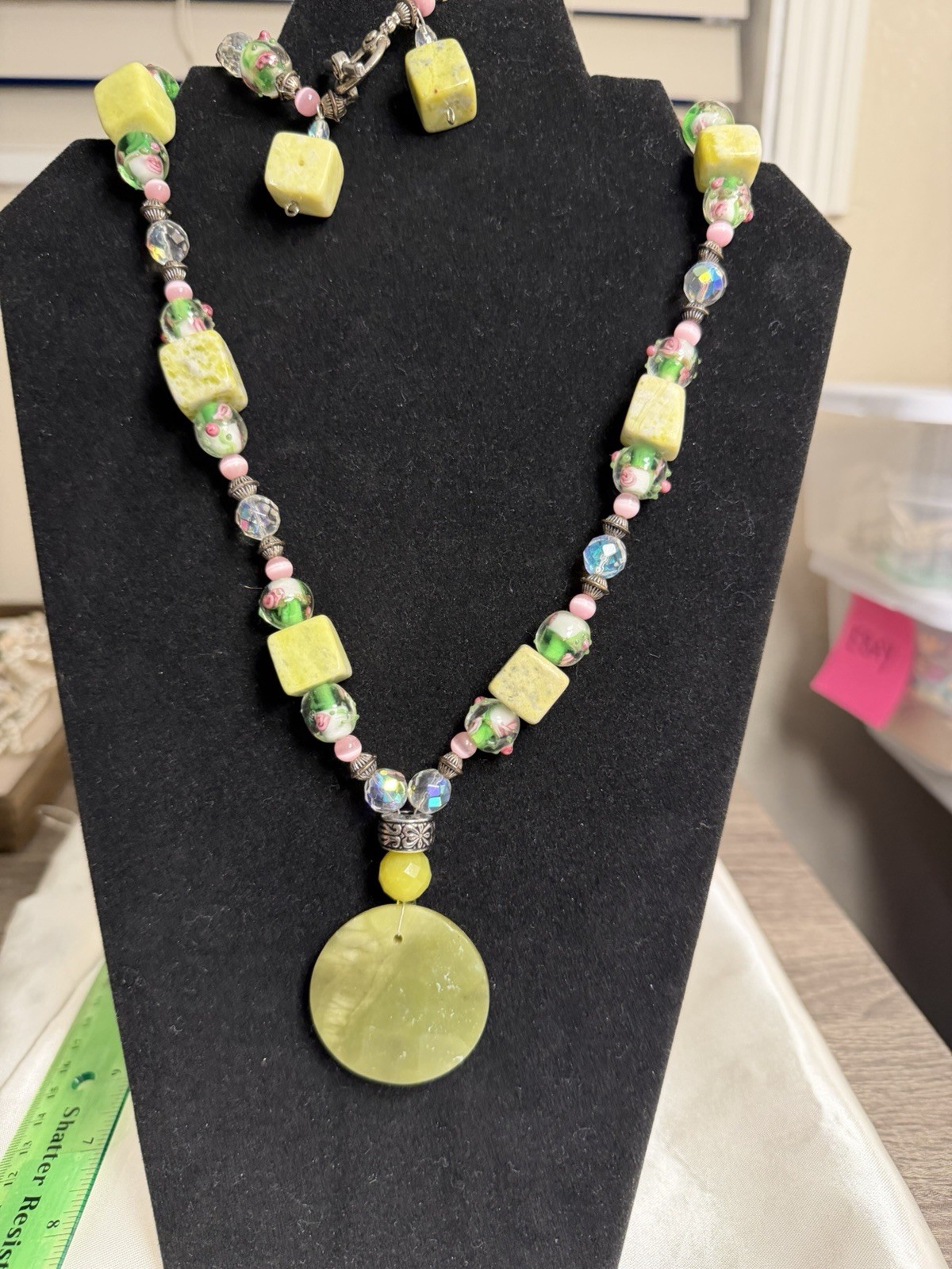 Artisan Lampwork Glass Necklace Bracelet Set Green Stone AB Crystal Floral