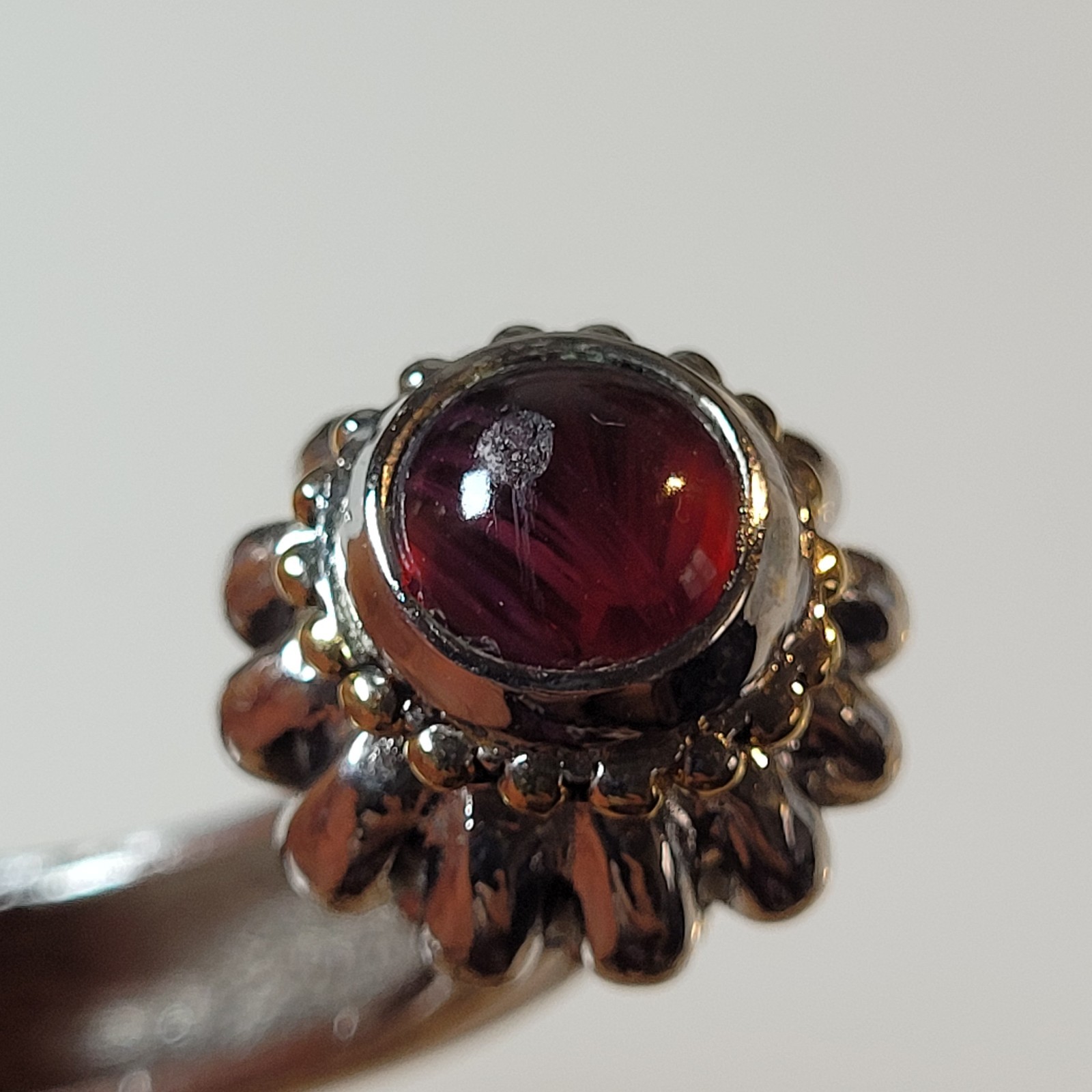 Vintage Heavy Silver And Gold Hinged Bangle Bracelet With Dark Burgundy Stones