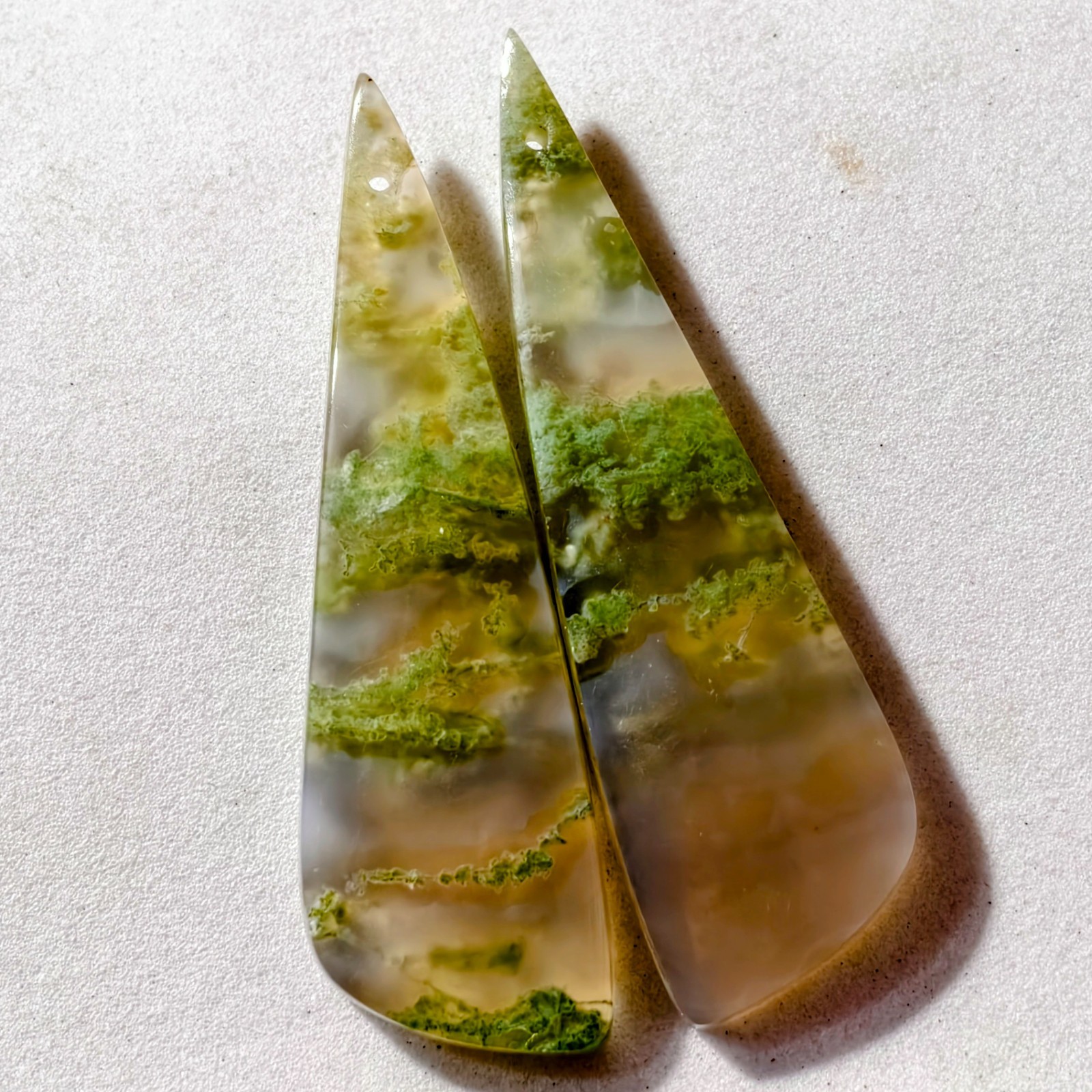 56 Cts Natural Moss Agate Drilled Match Pair Cabochon Gemstone 51.9 X 15.2 MM