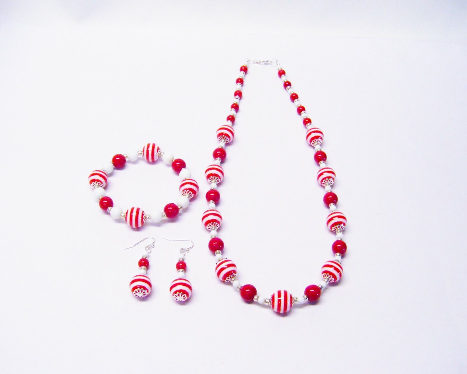 Red/White Stripe Acrylic w/White Glass Bead Necklace/Bracelet/Earrings