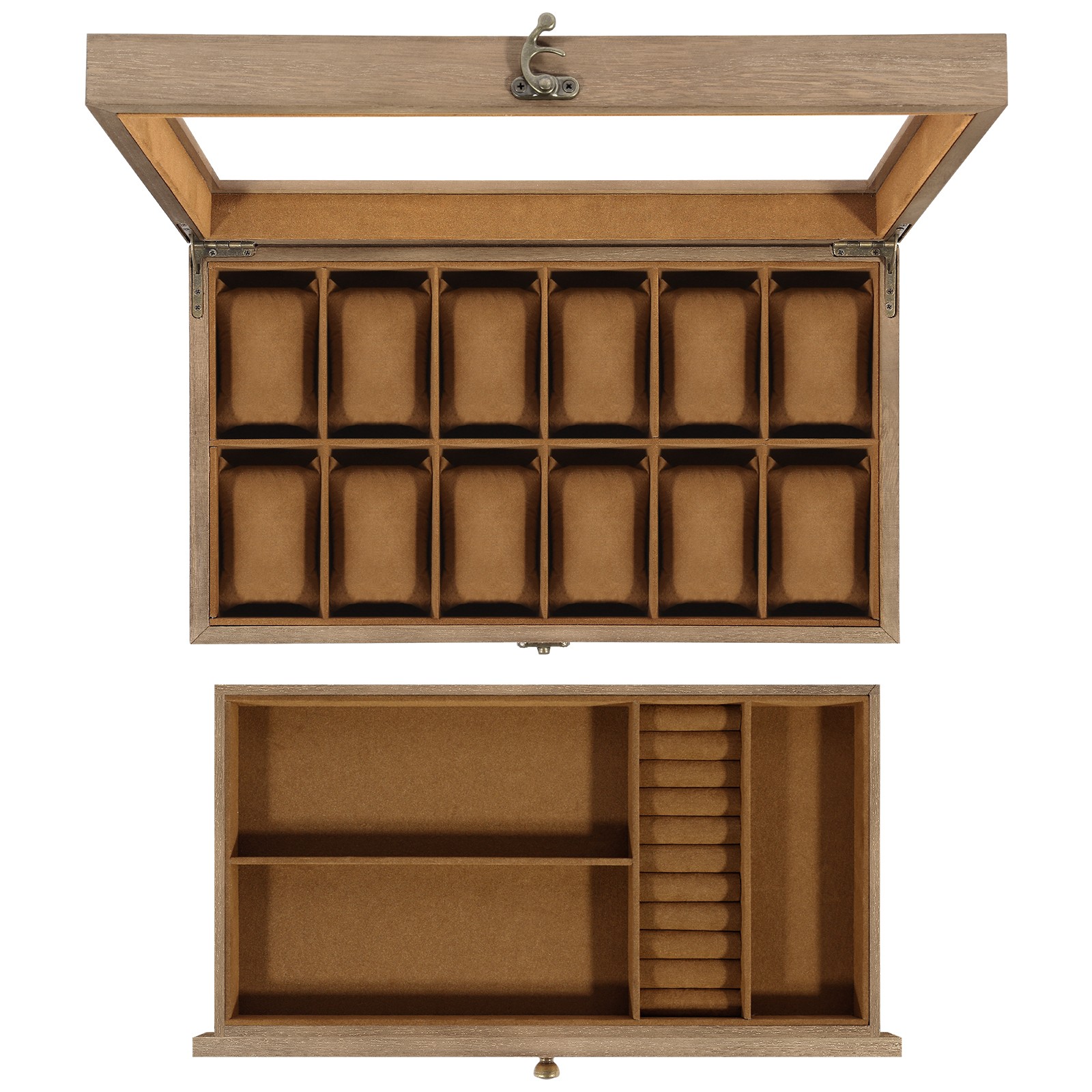 12 Slot Solid Wood Watch Box Clear Glass Top, Men’s Jewelry Display Storage Case