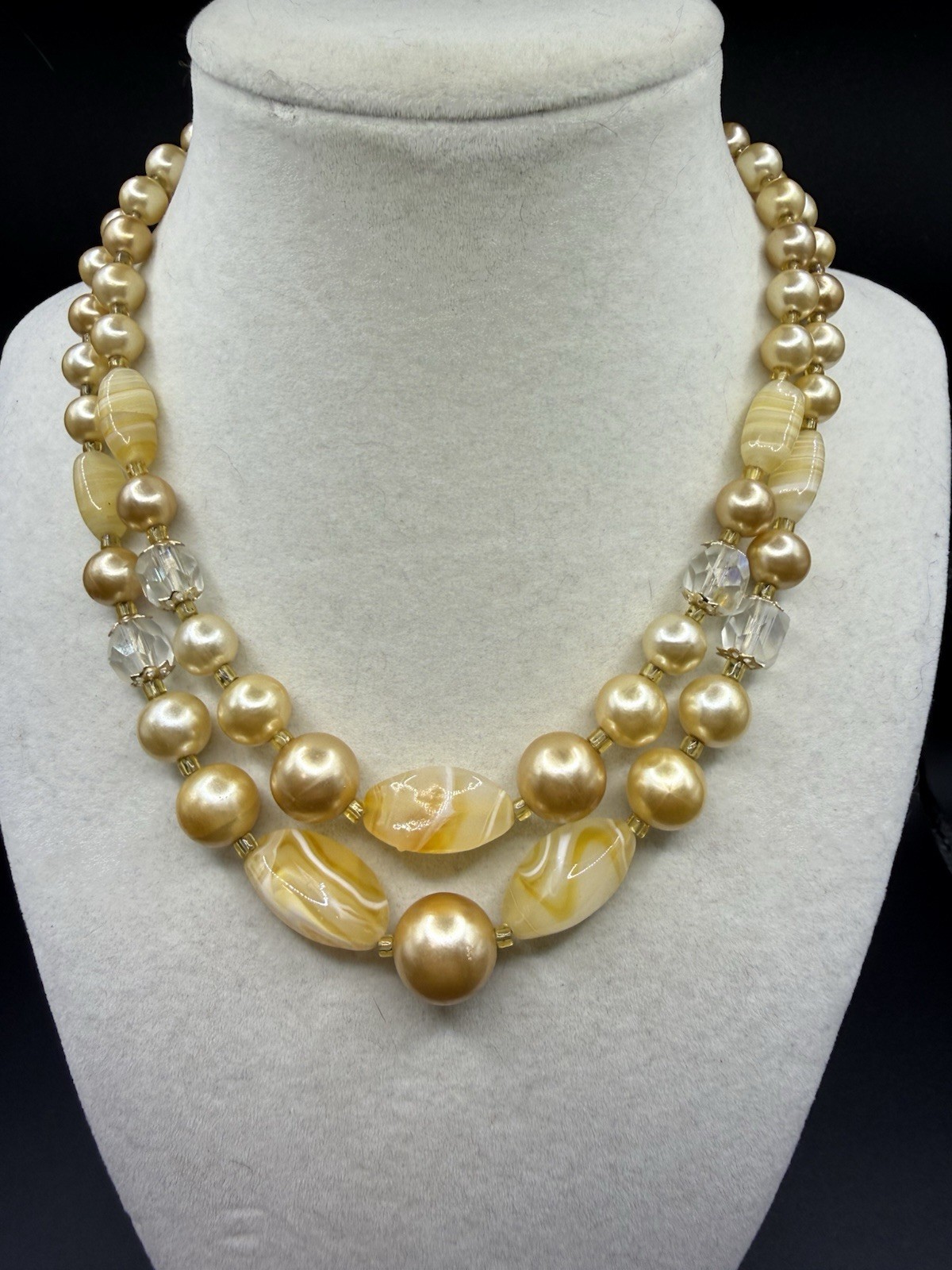 Vintage Unsigned Glass Bow Pearl Double Strand Necklace 50s Japan