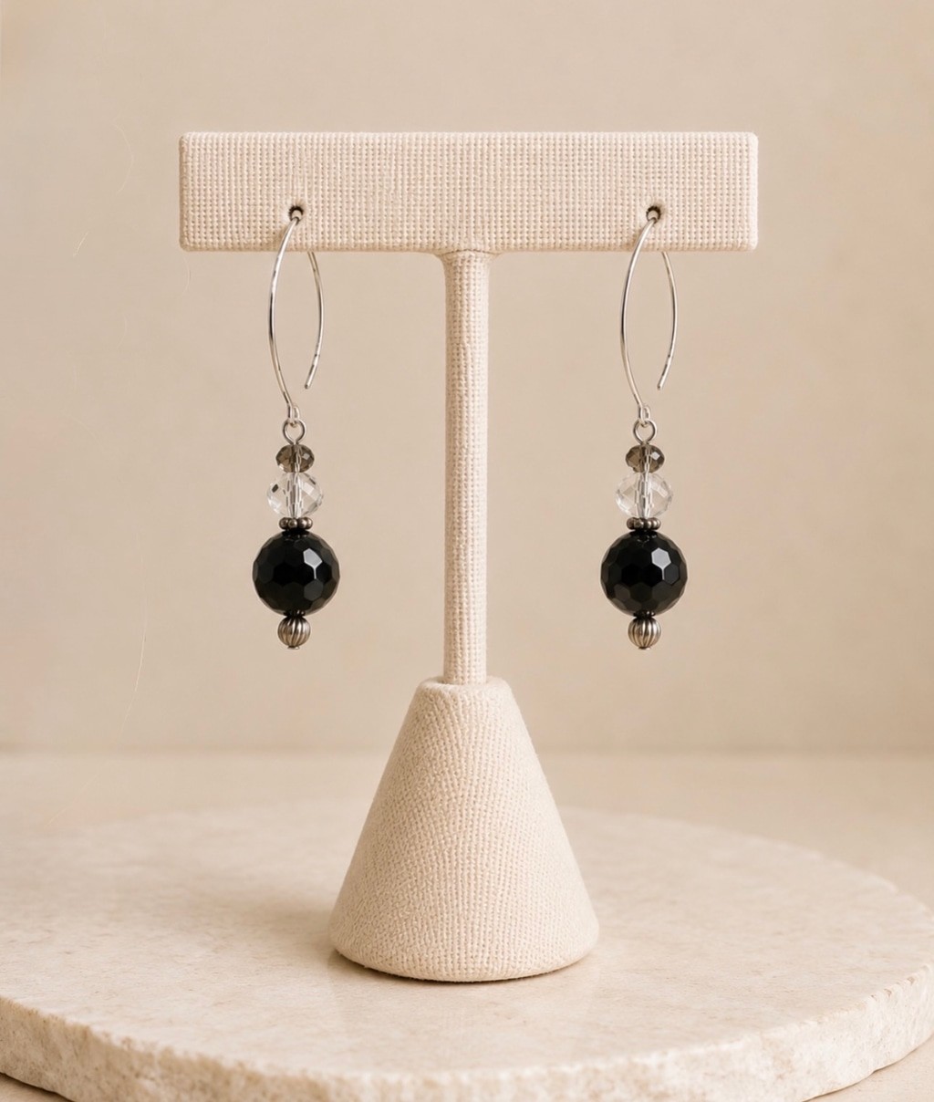 Black Faceted Bead & Crystal Drop Dangle Earrings Silver Tone Hook Boho Handmade