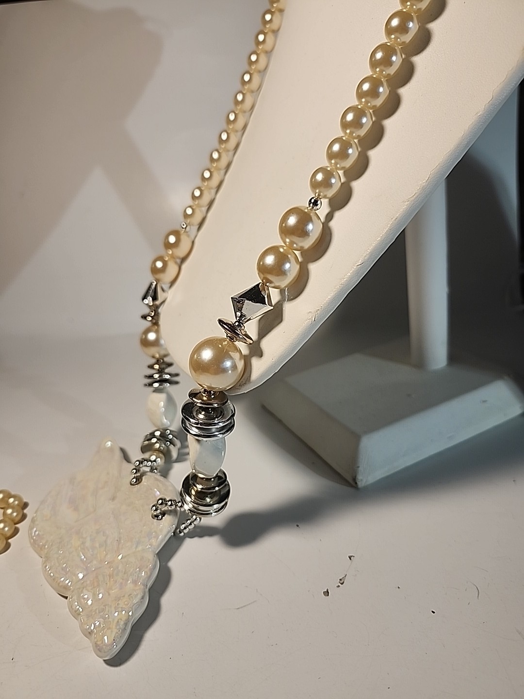 Iridescent SHell Pearl Necklace Silver Long 24 inch Statement Piece