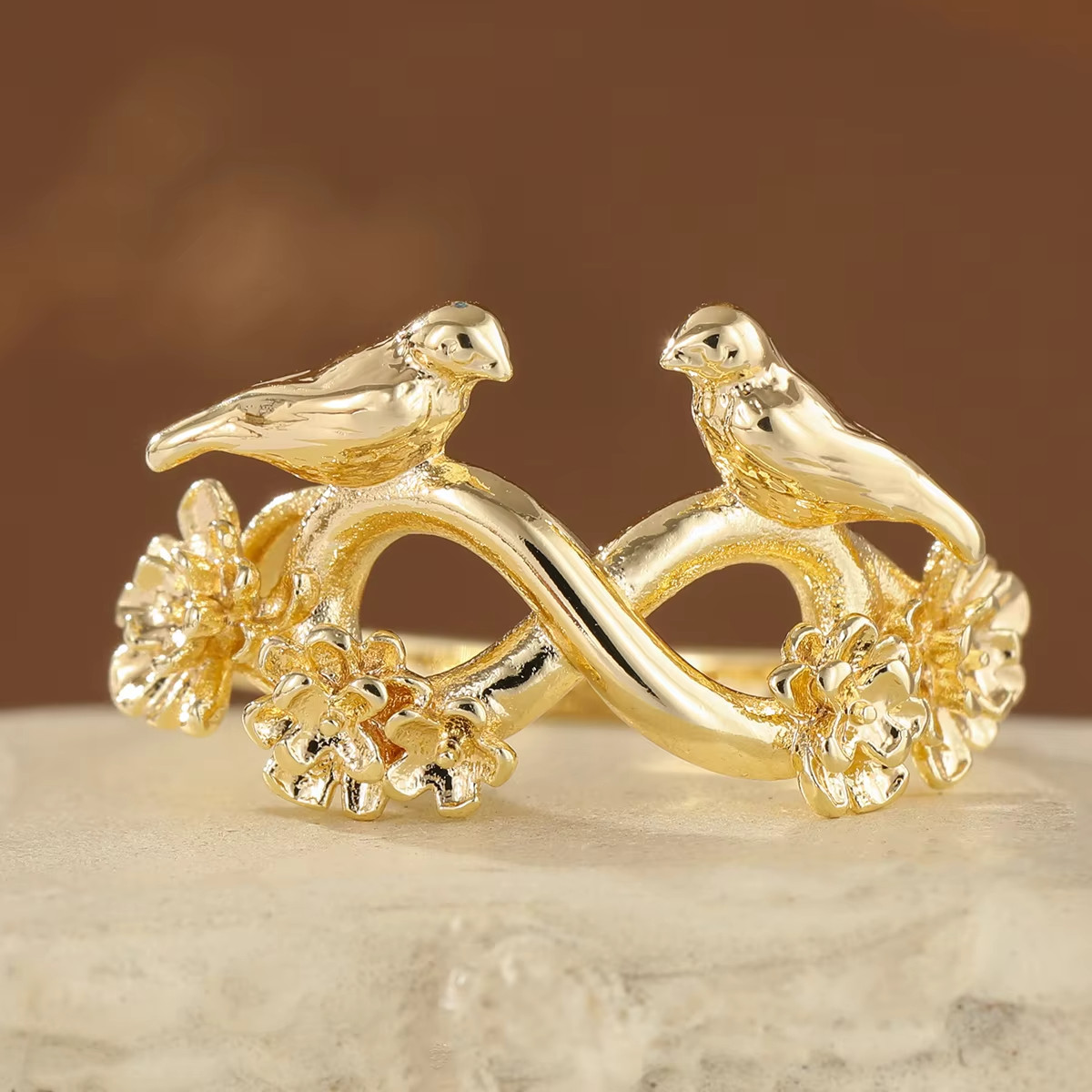 Vintage Copper Two Birds & Flower Ring Infinity Band Women’s Statement Jewelry