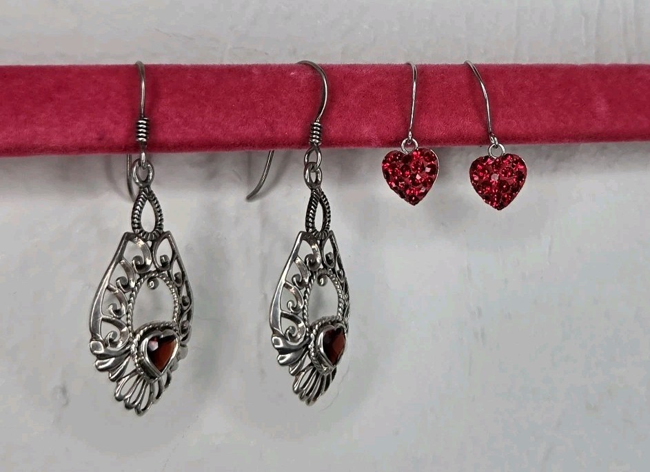 Sterling 925 Silver Stamped Earrings Set Bundle Heart Crystal Garnet Red Dangly