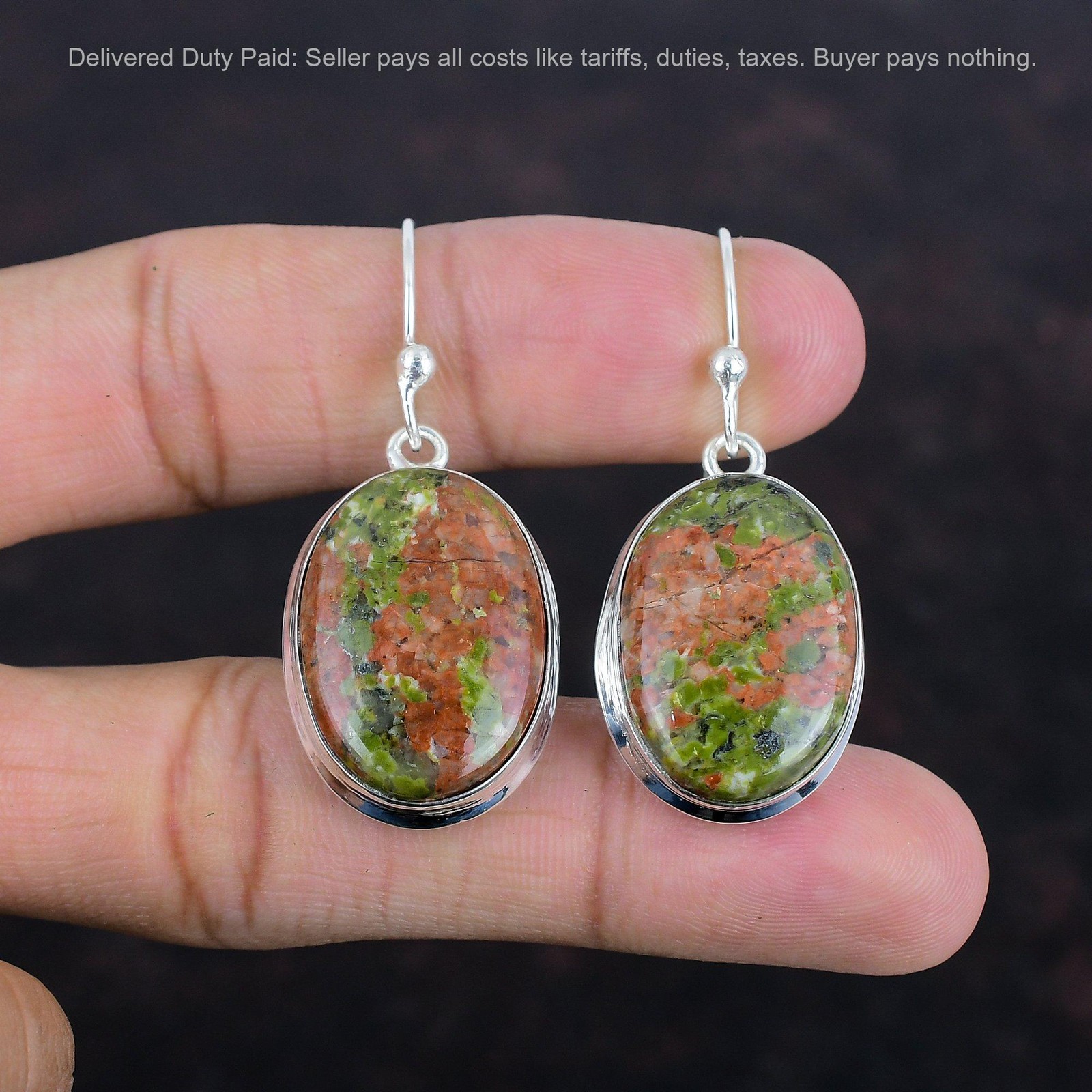 Heart Chakra Natural Unakite Sterling Silver Hook Bezel Drop Artisan Earrings