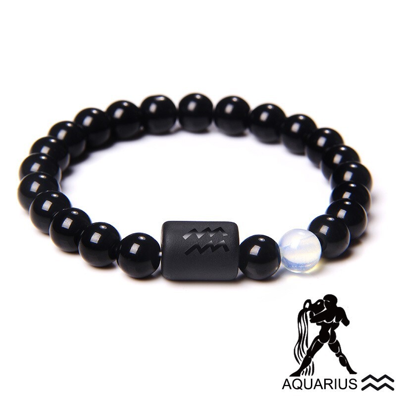 Zodiac Sign Natural Black Stone Beaded Elastic Stylish Bracelet Astrological
