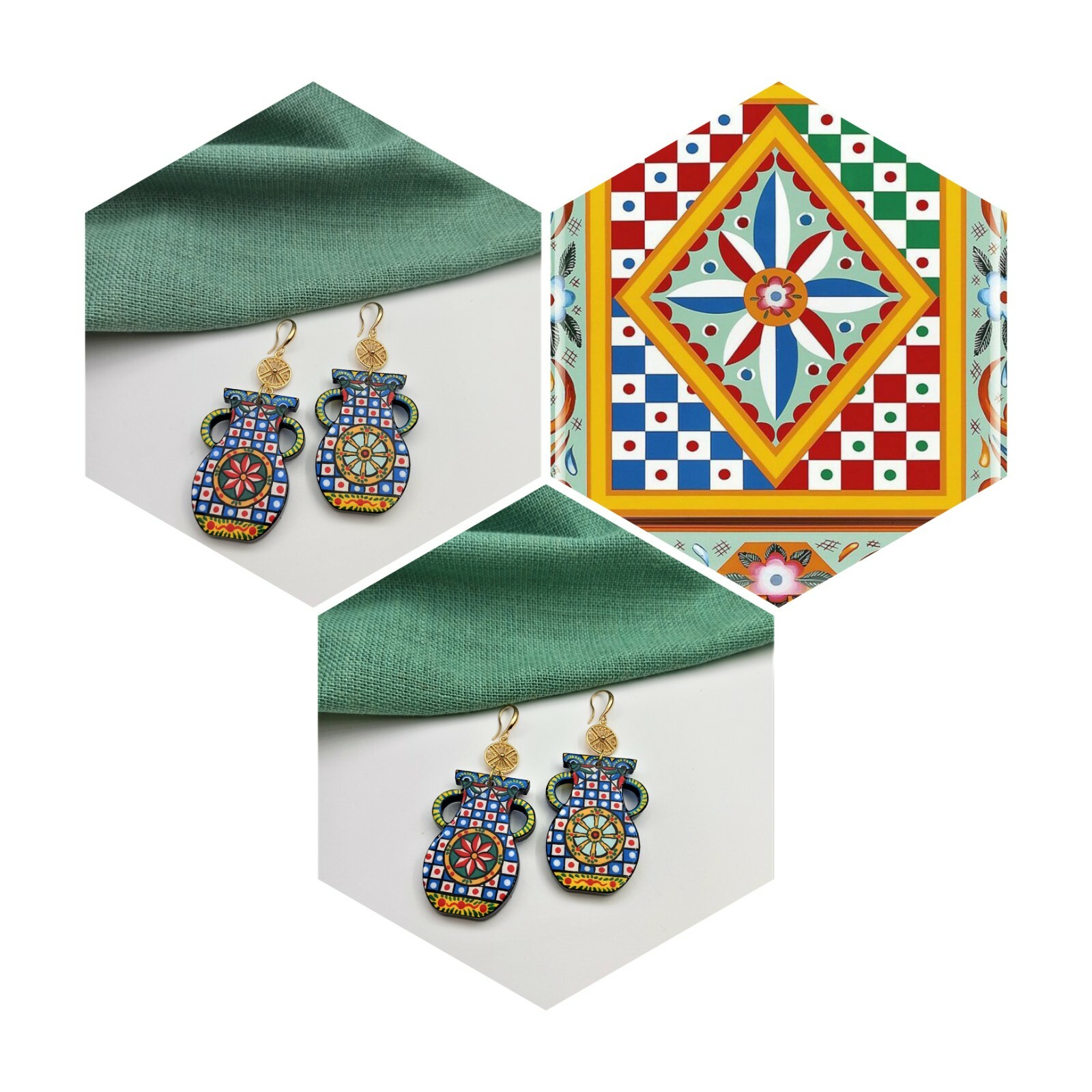 Painted Pottery Vase Wood earrings inspired by Sicilian Folk Caltagirone Art.