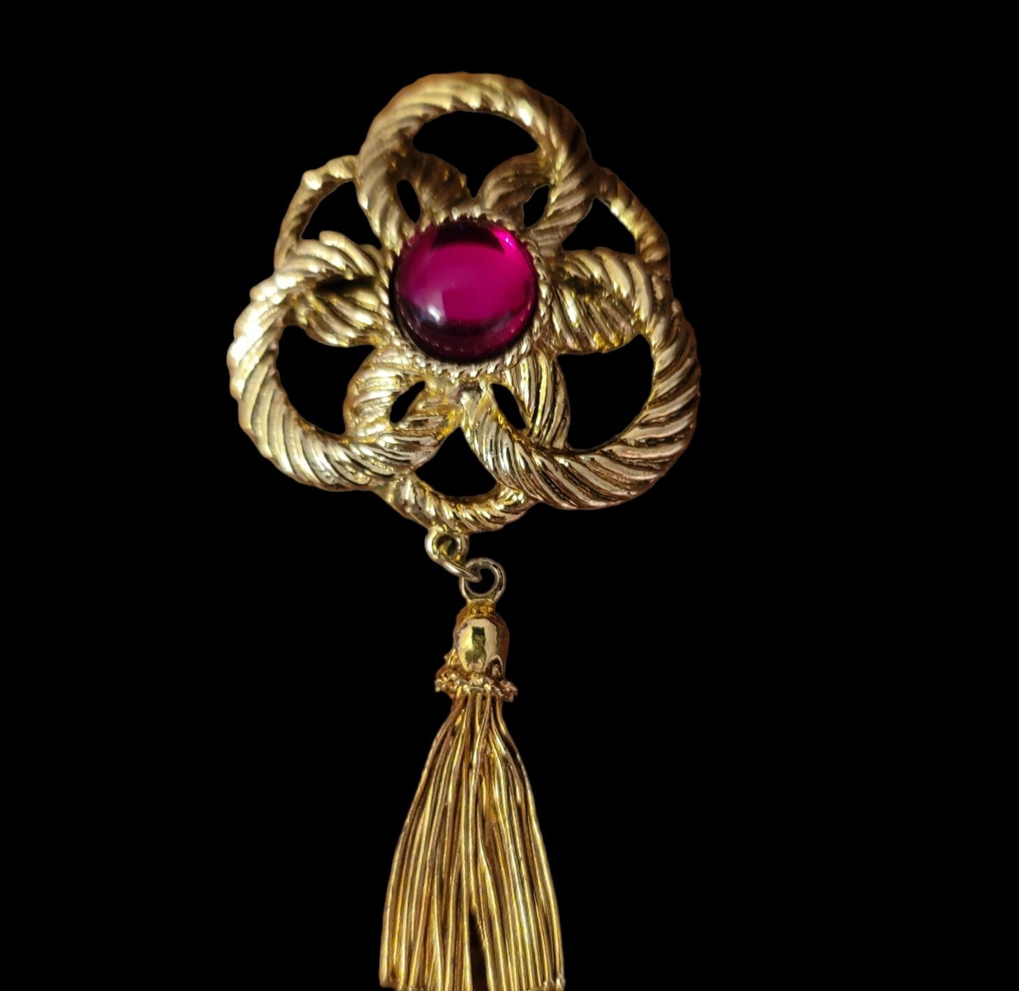 Vintage Rope and Tassel Brooch Pin Red Pink Stone 3.5 Inches Long Gold Tone