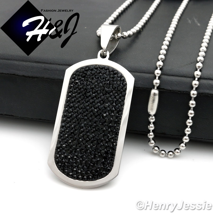 24″MEN Stainless Steel 2.5mm Silver Bead Chain ICY Black CZ DogTag Pendant*B43