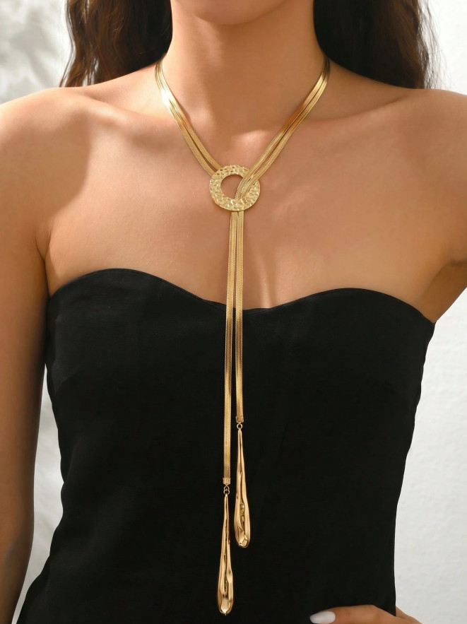 Summer Y-Shaped Tassel Necklace Gold Snake Chain Circle Pendant for Women