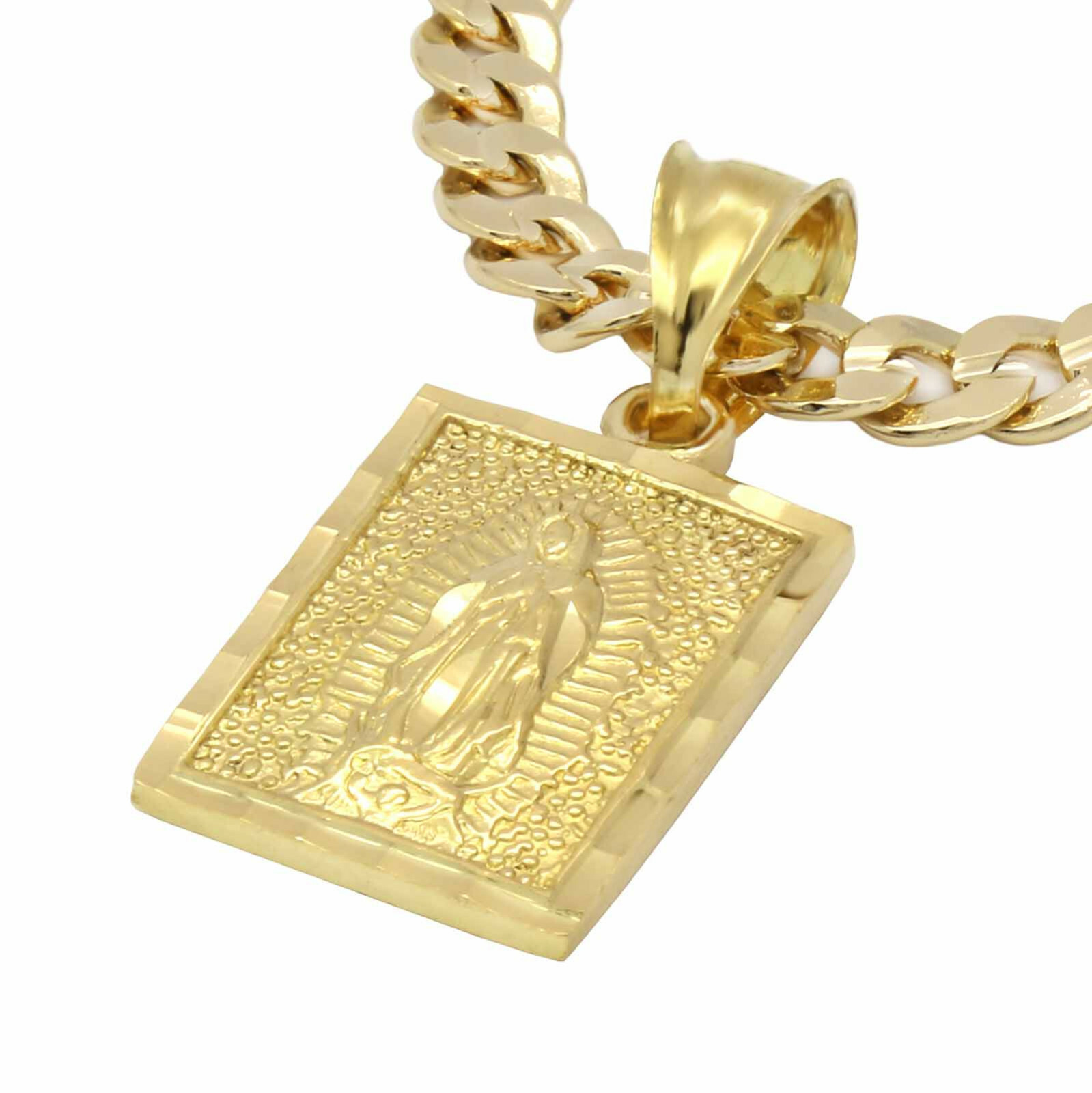 Mens 18k Gold Plated Brass Guadalupe Pendant 6mm 24″ Cuban Chain