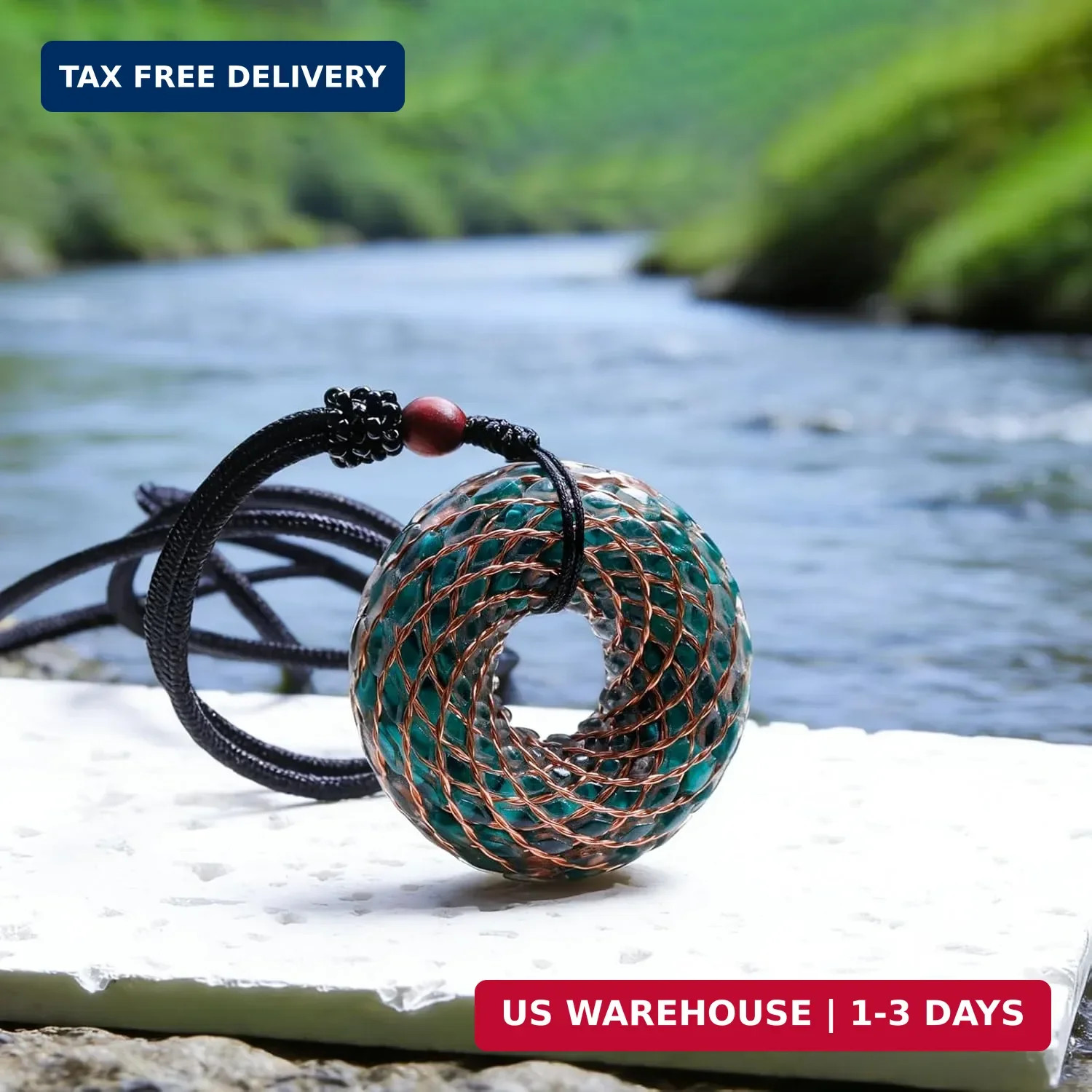 Malachite Orgone Pendant, 4CM Rodin Coil Necklace with 2-Strand Twisted Copper W