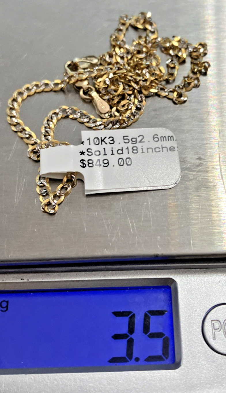10kt Real Gold Curb Link 2Tone Chain 3.5Gram 2.6mm 18” GND Brand New w/ Tag 10k