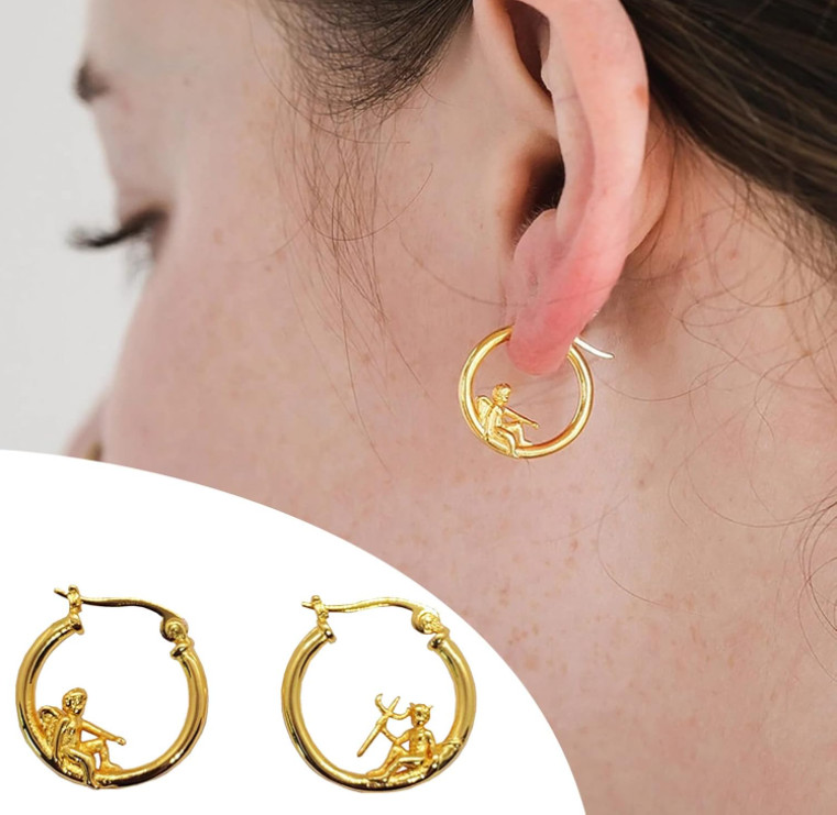 925 SILVER Gold Plated Plikin Angel Devil Whimsical Hoop Huggie EARRINGS K33A