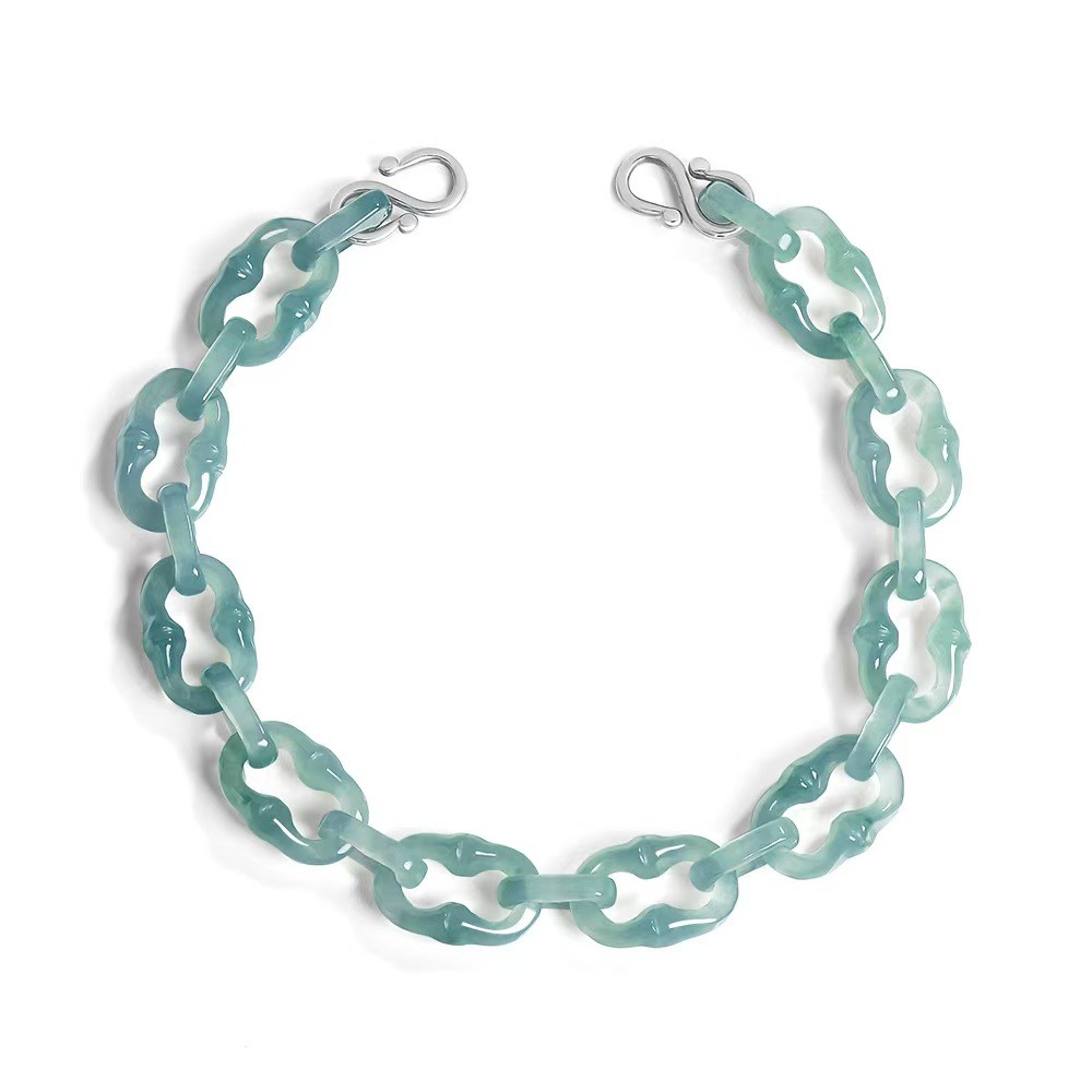 Real Grade A Natural Blue Jade Jadeite Bracelet Square O Link Chain 5-7.9inch