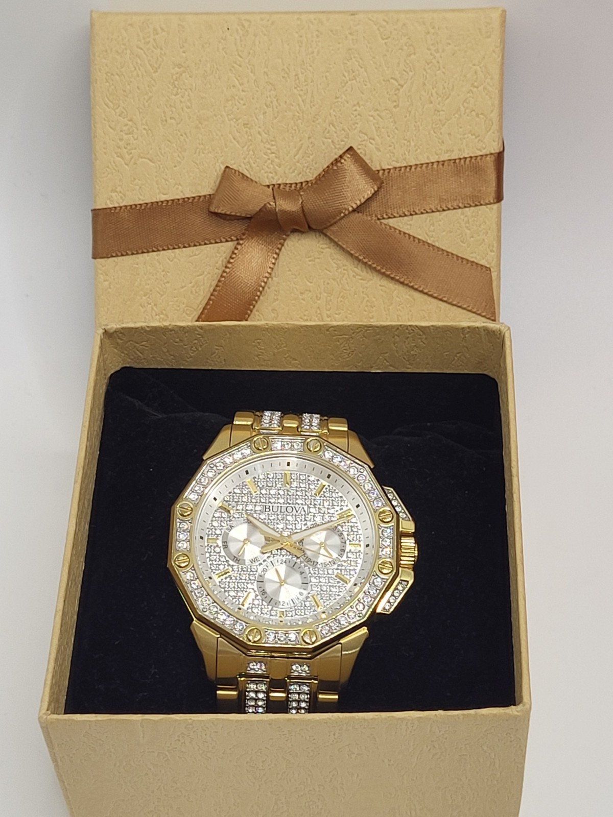 $695 [ NEAR MINT ] BULOVA Men’s Octava Gold Tone Stainless Pave Crystal WATCH