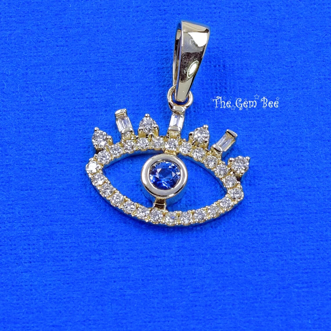14.2mm 14K Yellow Gold Diamond blue Sapphire Evil Eye Protection Charm Pendant