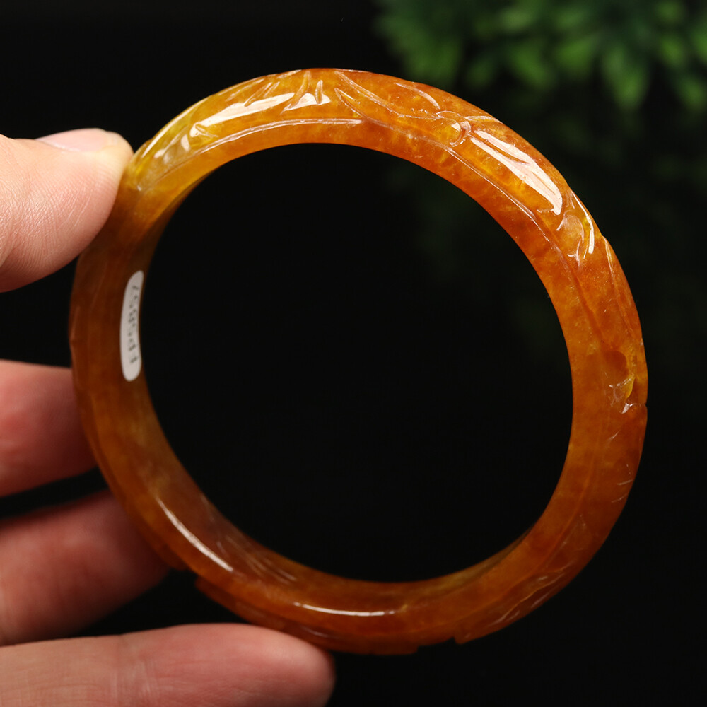 61mm Yellow Brown Jadeite Jade Bracelet Bangle Bat Lotus Burma Jade A-11767