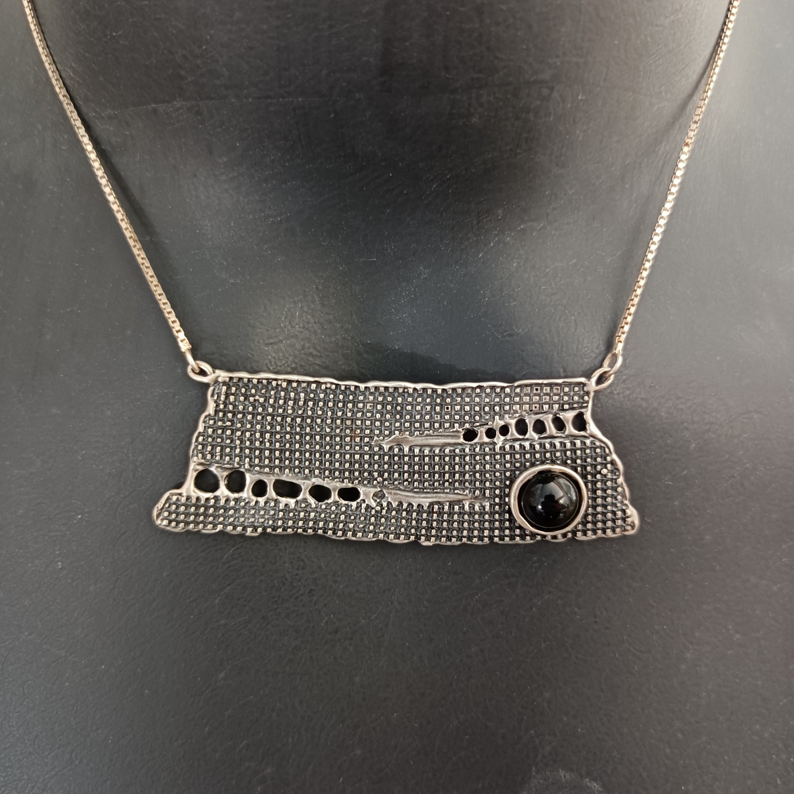 Modernist Silver Necklace Israel Artisan Onyx Abstract Expressive Studio Vintage