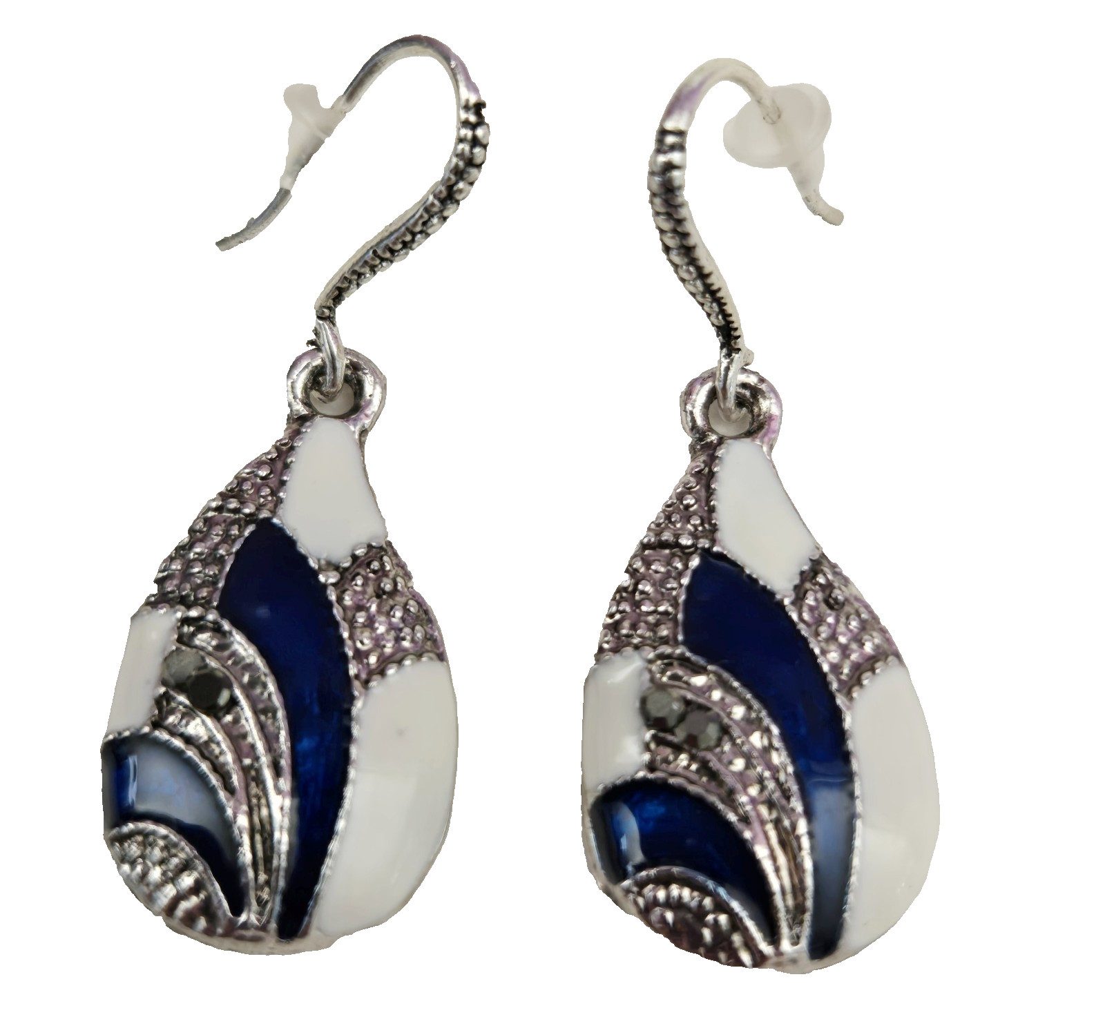 Blue White Enamel Dangle Earrings Teardrop Silver Tone Hook Backs Pierced Drop