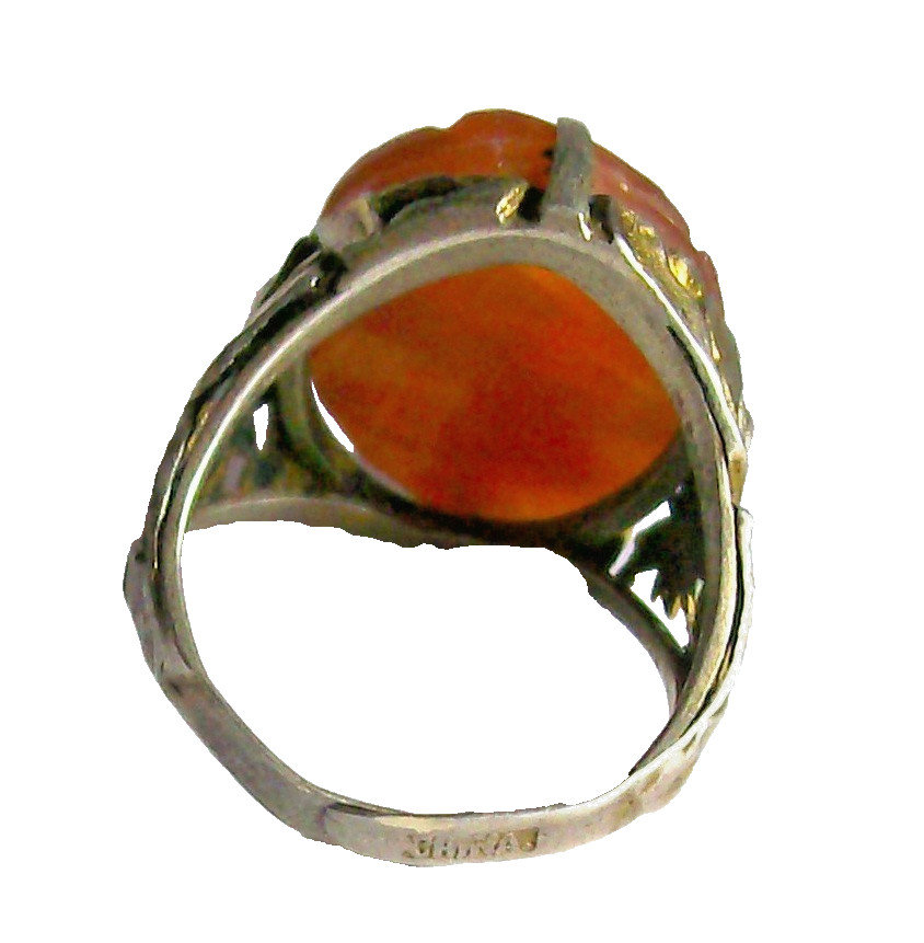 Vintage ANTIQUE CHINESE Export Carved CARNELIAN SILVER RING-ADJUSTABLE