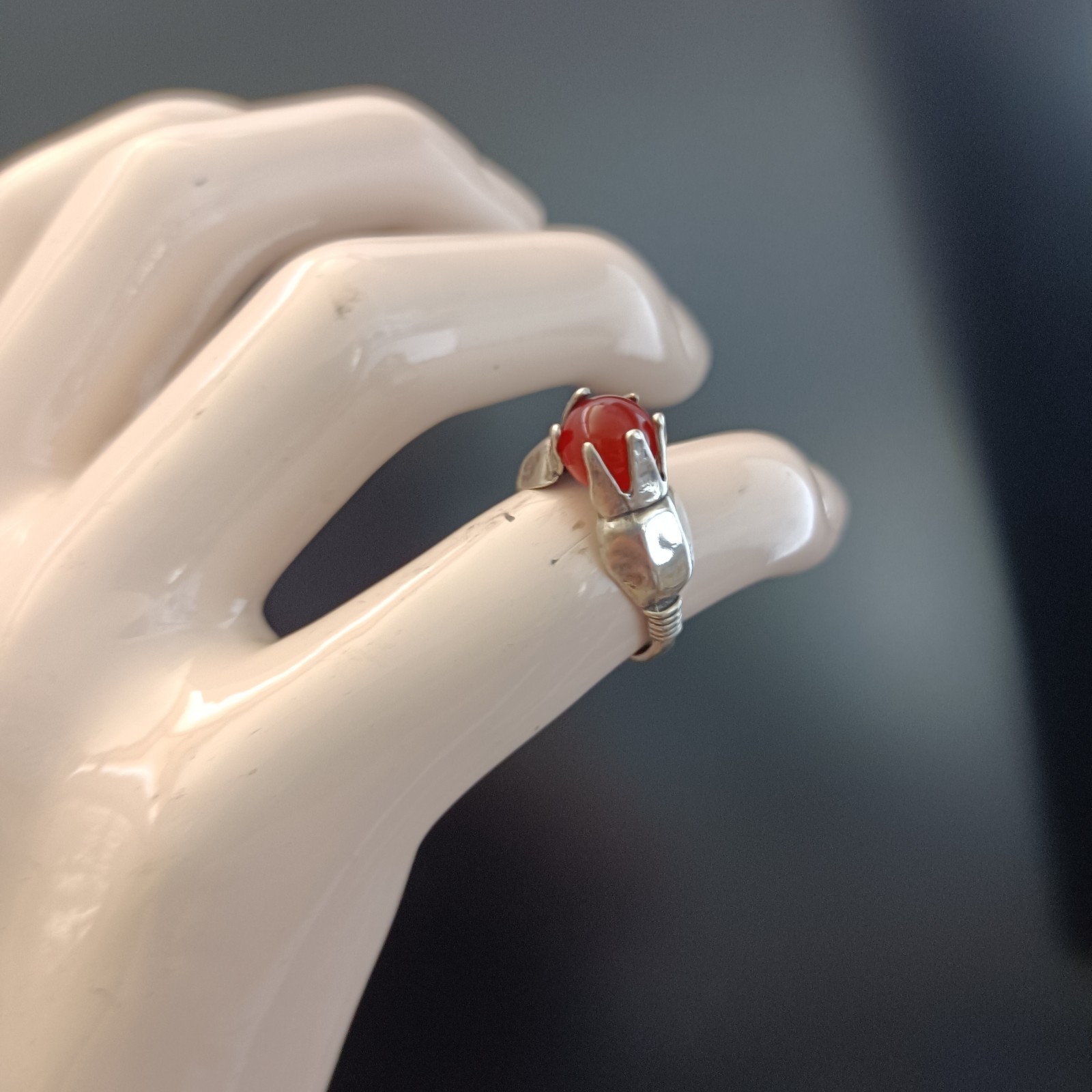 Pomegranate Silver Ring Natural Stone Israeli Artisan Handmade Vintage Unique