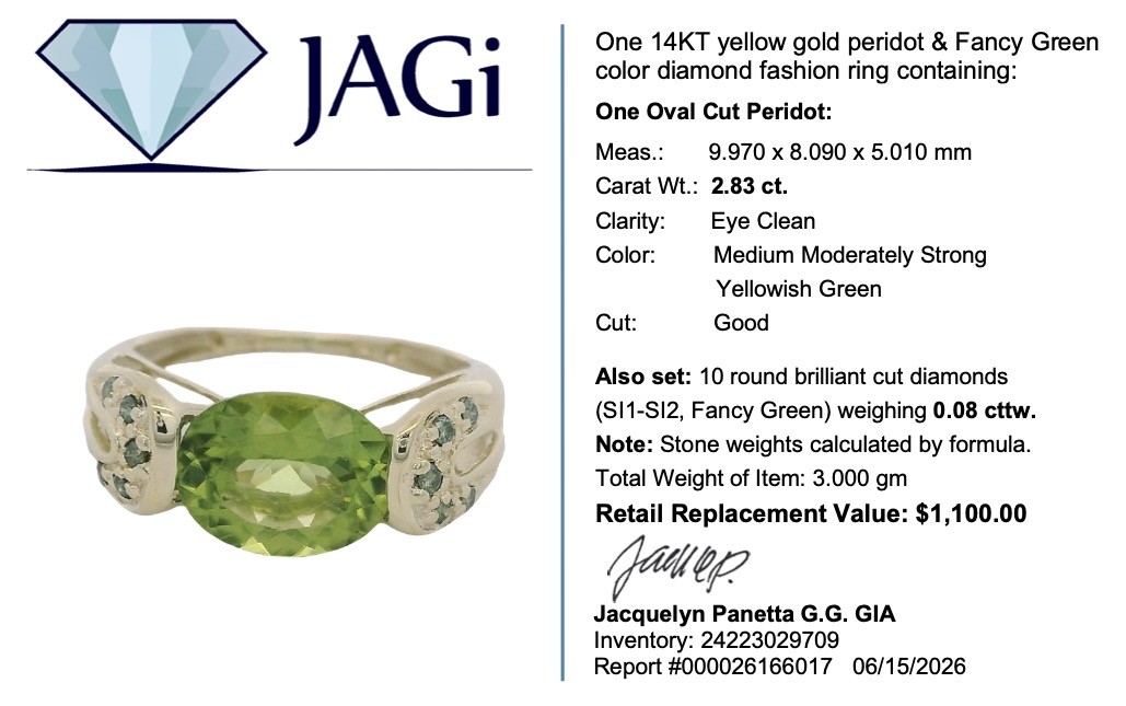 2.91ctw Oval Cut Peridot and Fancy Green Diamond Ring 14k Yellow Gold Size 7