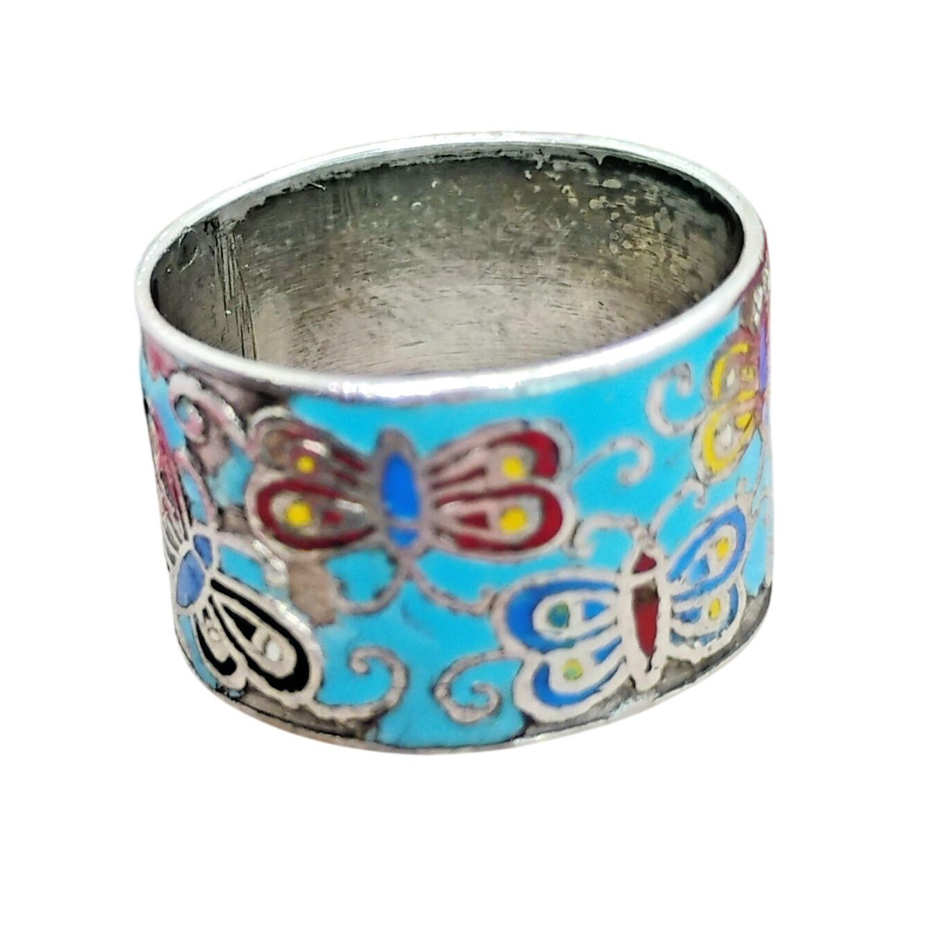 Vtg Butterfly Cloisonne Sterling Silver Wide Band Ring Size 7 Thailand – READ
