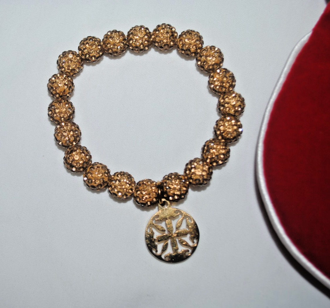 Rustic Cuff bracelet, goldtone sparkling beads, gold-tone charm dangle, w/RC bag
