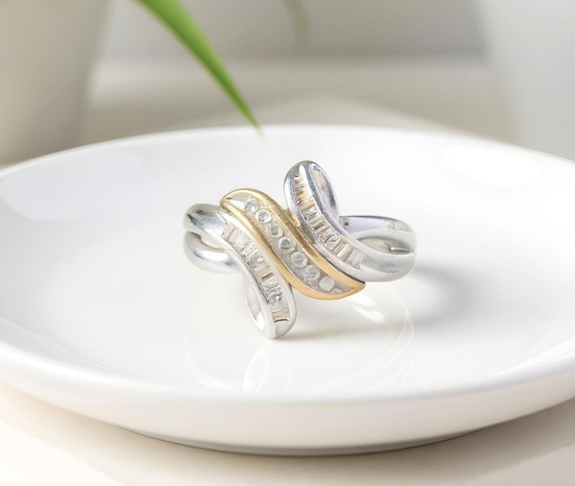 925 Sterling Silver & 14K Gold Two-Tone Round & Baguette Diamond Swirl Ring