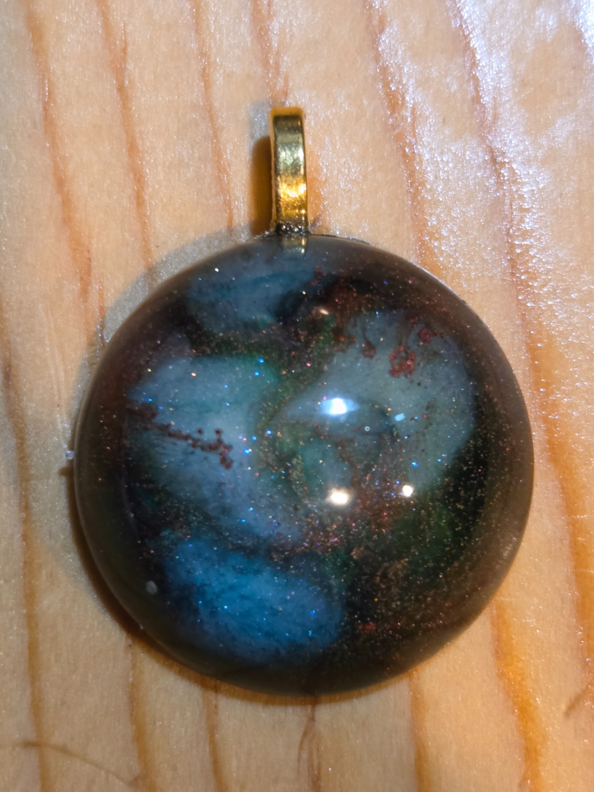 Handmade Blue Teal Nebula Resin Pendant Necklace Round Glitter N101