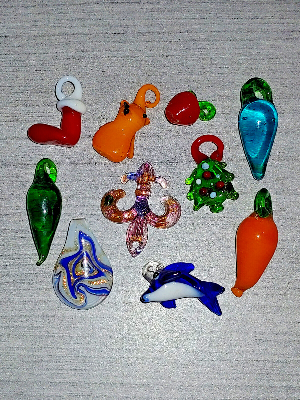10PC. Lampwork Glass Pendants Charms Multi Color Apple Teardrop Dolphin & More