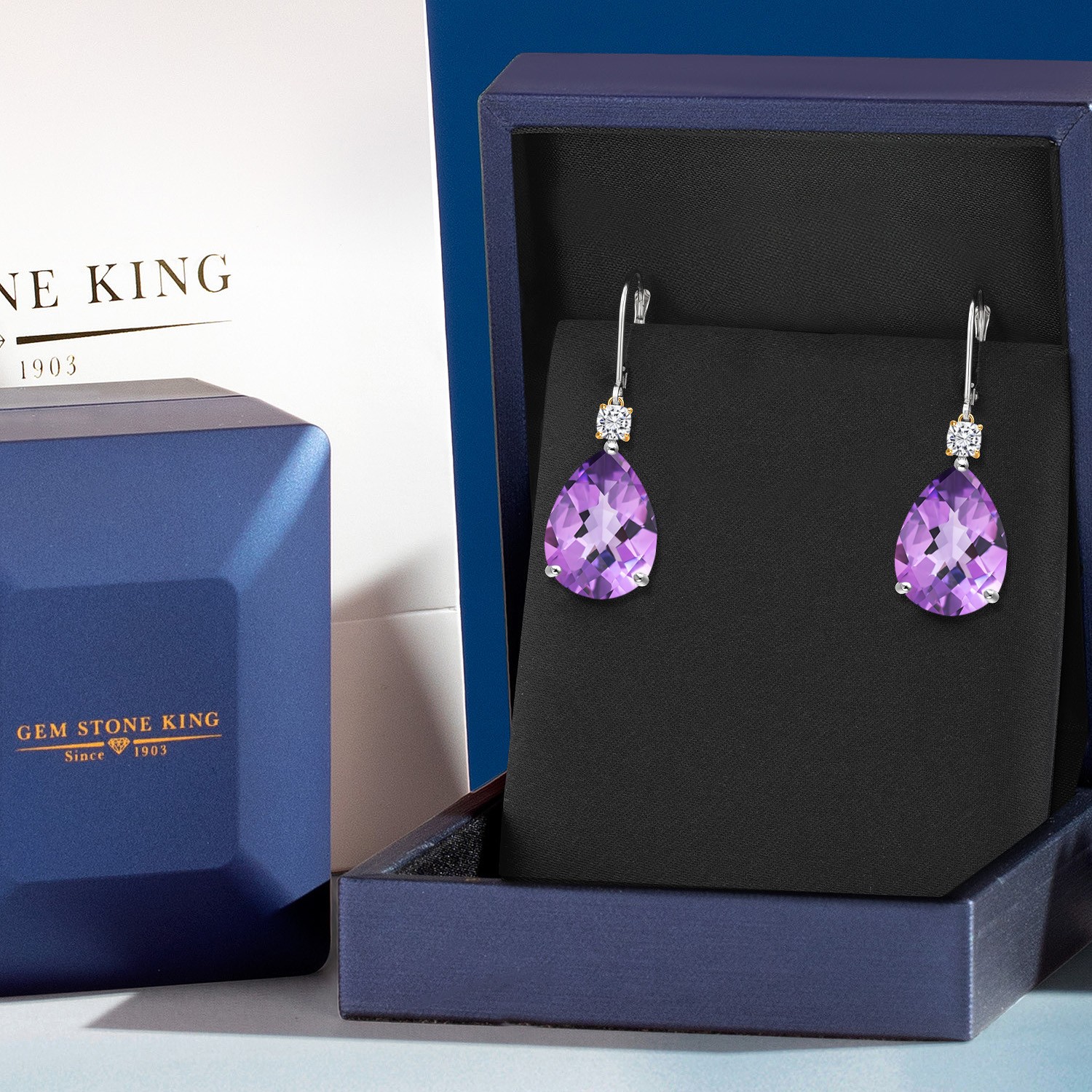925 Silver and 10K Yellow Gold Amethyst and Zirconia Dangle Earrings for Women