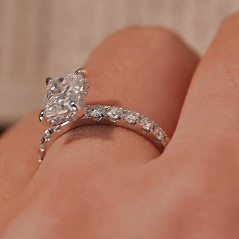 1.95Ctw Radiant Cut Moissanite Hidden Halo Engagement Ring 14K White Gold Plated