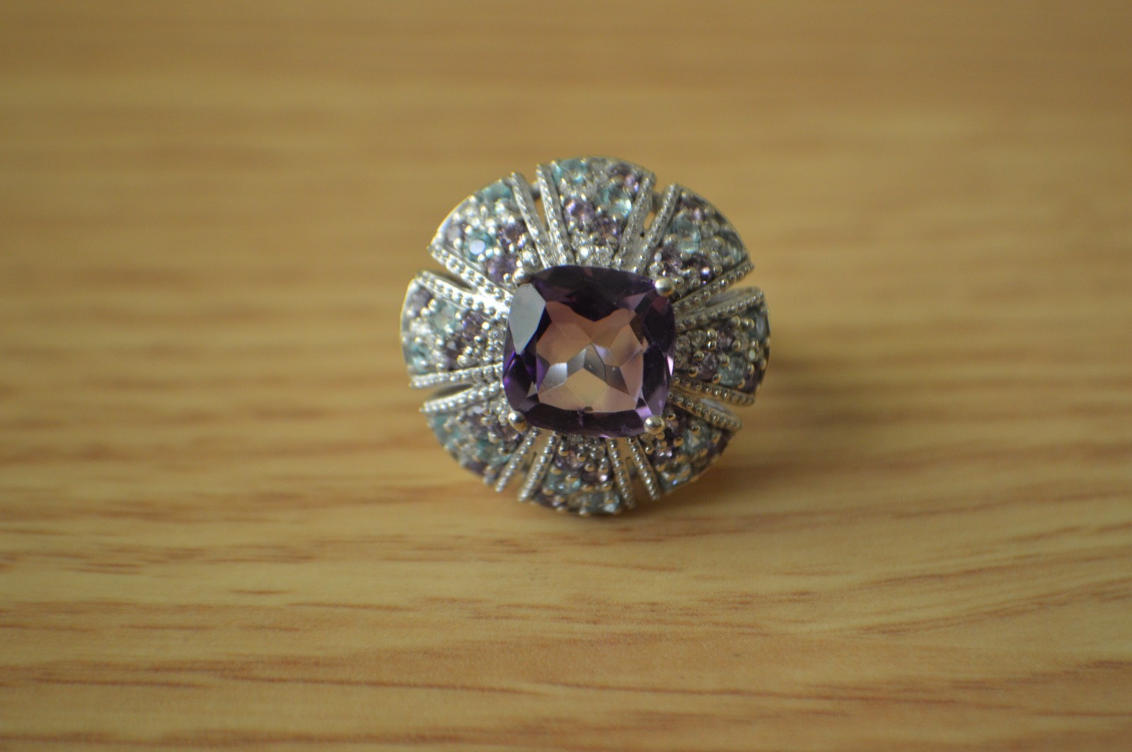 5.85ct Morrocan Rose Quartz / Multi Gemstone Ring Rhodium over Silver Size 7