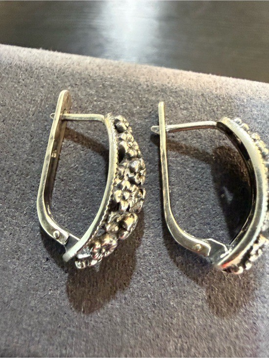 Sterling Silver Floral Hoop Earrings 925 Oxidized Flower Leverback Vintage 3MB