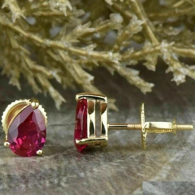 2ct Pear Cut Lab Created Ruby Pink Women Stud Earring 14K Yellow Gold Plated