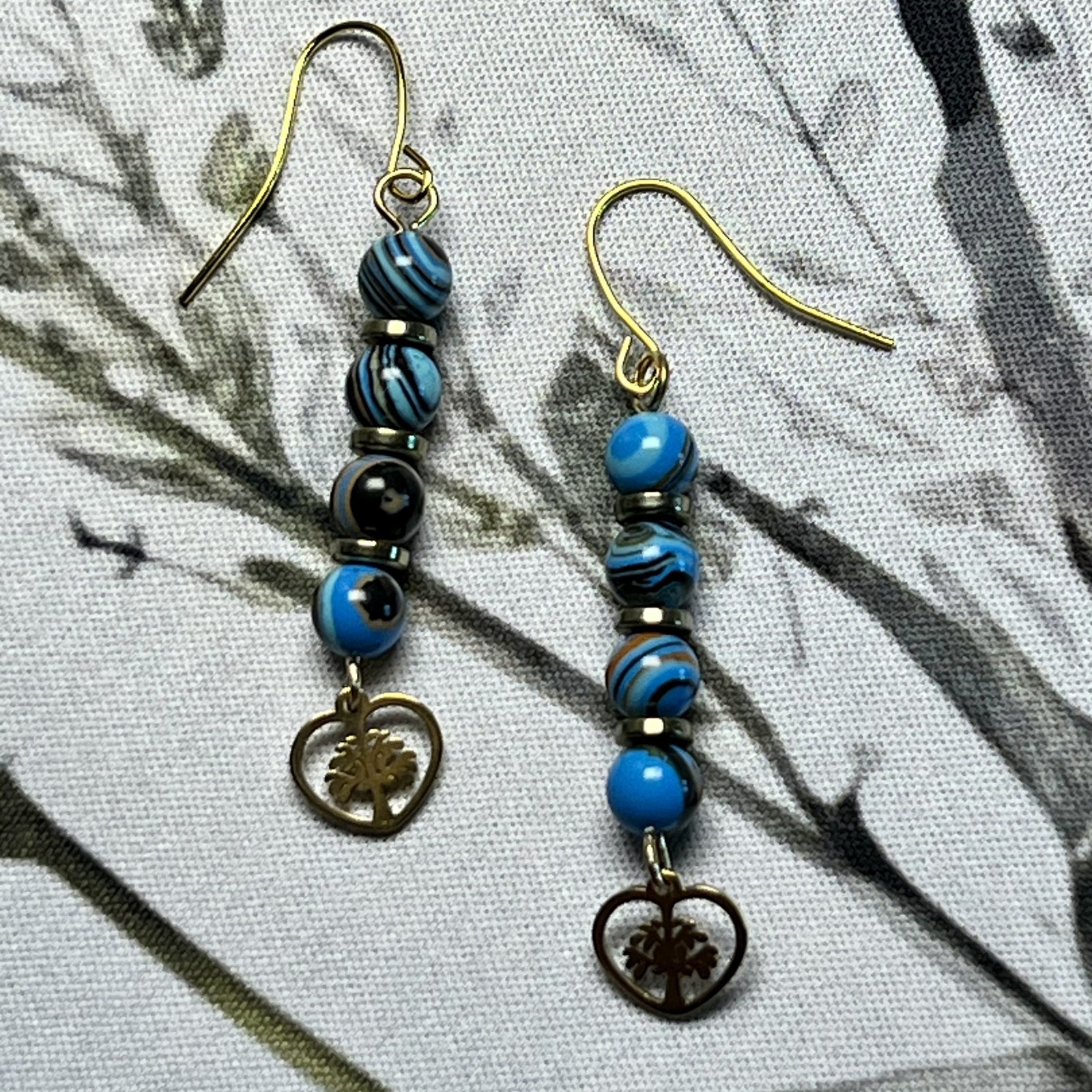 Gold Tone Black Blue and Orange Round Glass Beaded Stacked Dangle Earrings. S239