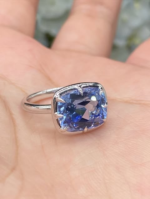 14K White Gold Bridal Ring, Blue sapphire Cushion Cut Diamond Ring in 4.00 Ct