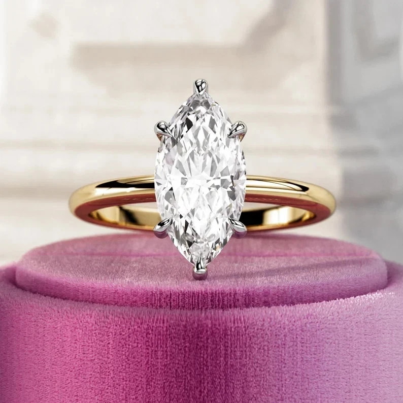 3.20 Ct Marquise Cut White Moissanite Engagement Wedding Ring 14K Yellow Gold FN