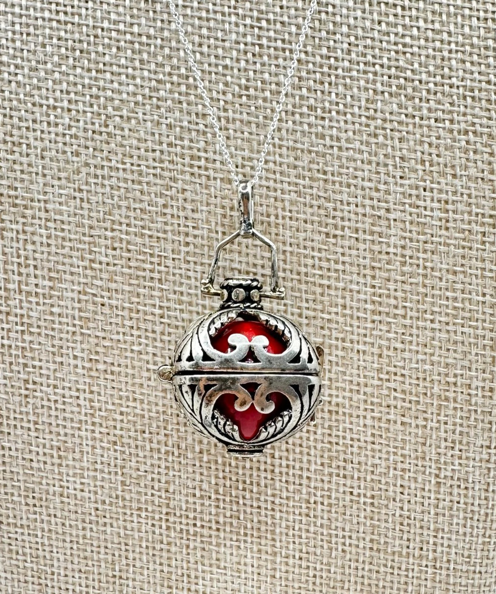 925 Sterling Silver Red Harmony Ball Pendant Cage Locket Chime Vintage