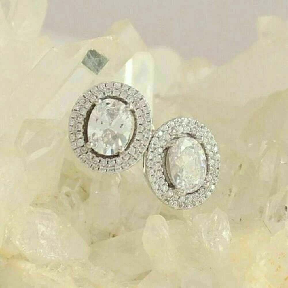 2.25Ct Oval Cut Simulated Diamond Double Halo Stud Earring 14K White Gold Plated