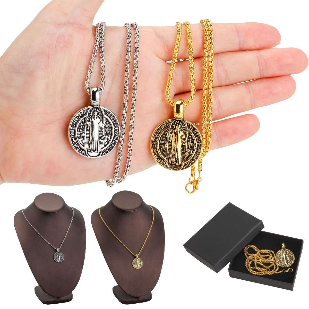 Saint St Benedict Medal Necklace Pendant Stainless Steel Crucifix Cross Exorcism