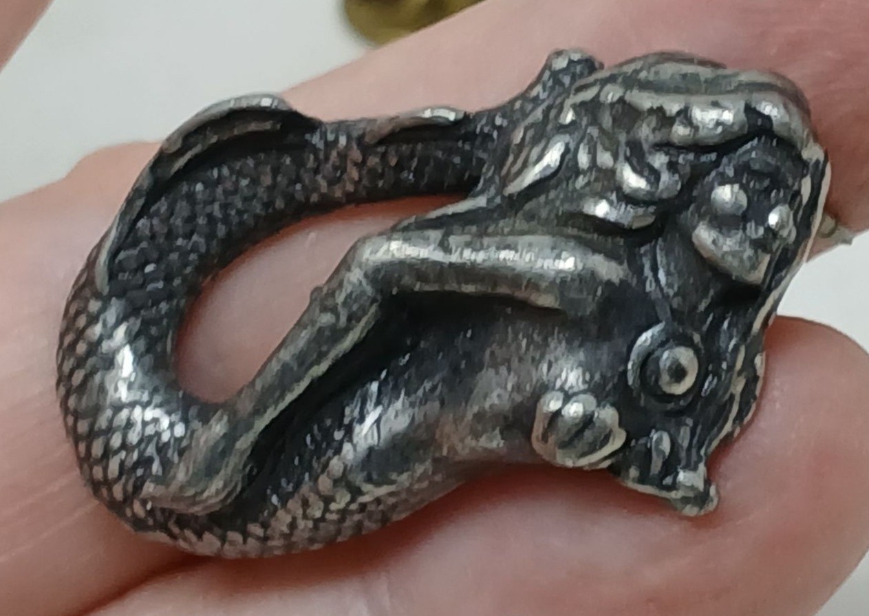 VTG Pewter Mermaid Lapel Hat Pin Dual Brass Clutch Backs 1.5″ Mythical Ocean #G2