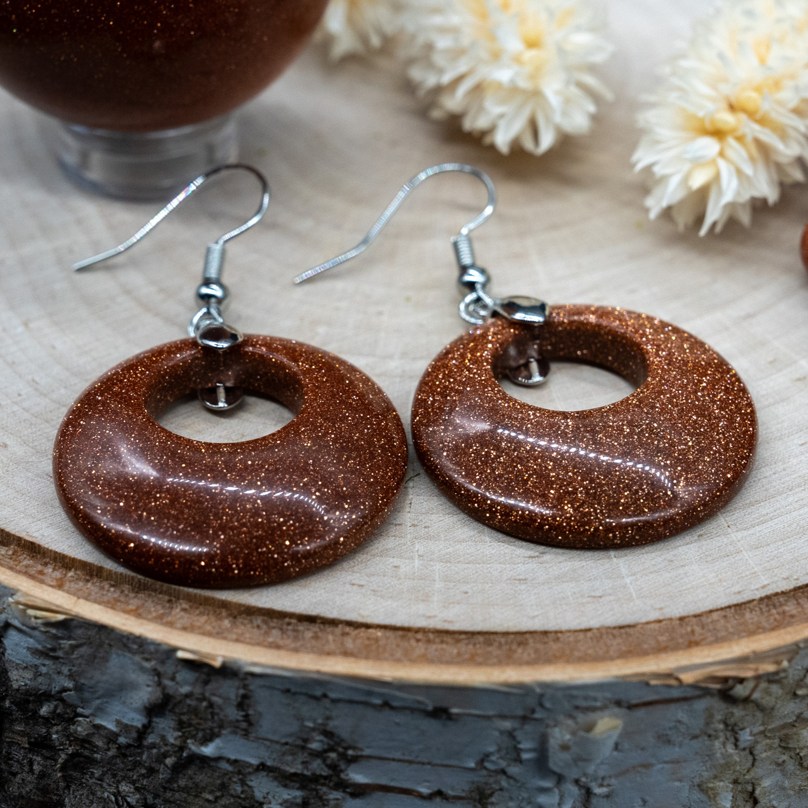 Goldstone Crystal Earrings Gold Sandstone Circle Silver Womens Jewelry Gold Gift